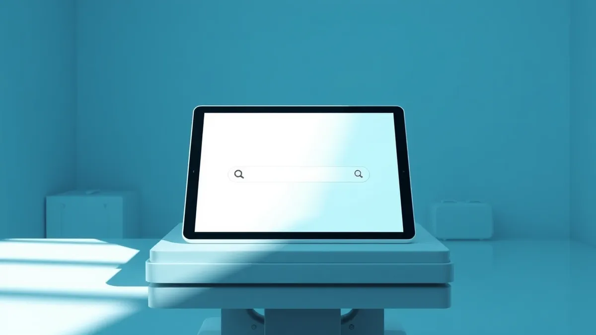 Illustration: A sleek white medical tablet rests on a sterile examination table, displaying a blank search interface with a prominent magnifying glass icon.