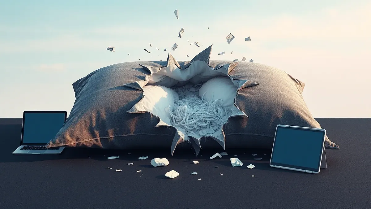 Illustration: A cracked open pillow lies on a dark surface.