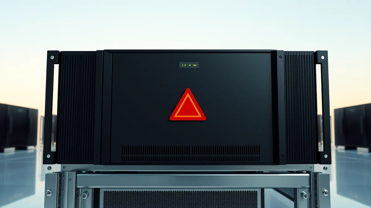 Illustration: A sleek black server unit sits on a polished metal rack, its front panel featuring blank indicator lights and smooth ventilation grilles.