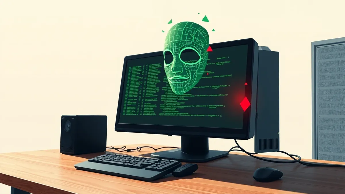 Illustration: A sleek black terminal sits on a wooden desk, its screen displaying rows of abstract green code.