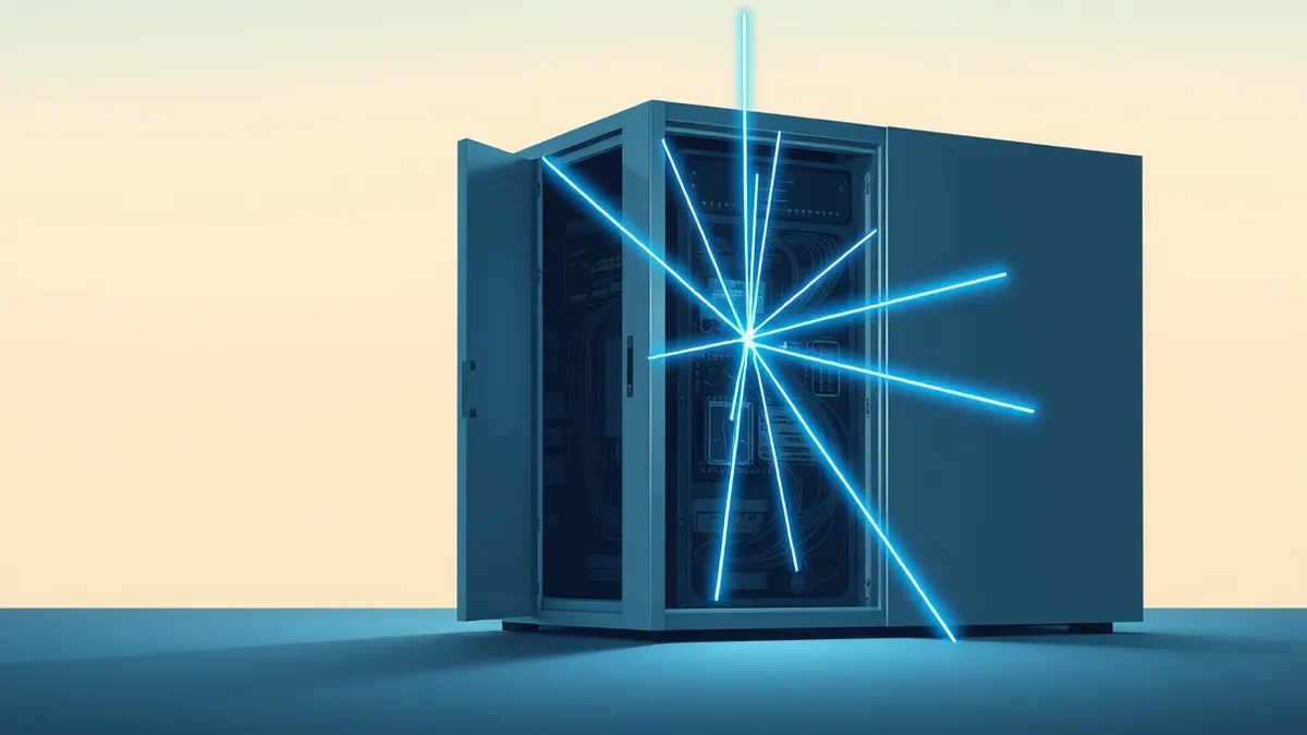 Illustration: A grey server unit sits in a dimly lit room with its front panel slightly ajar.