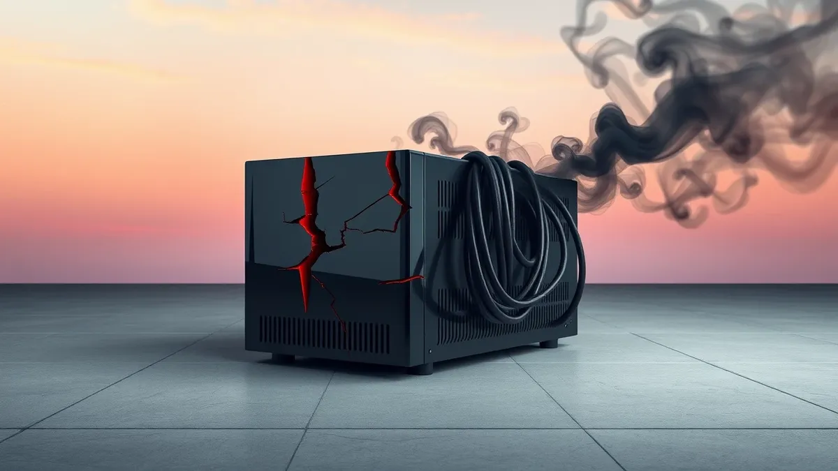 Illustration: A generic black network security appliance sits on a concrete floor with three distinct red cracks splitting its glossy surface.