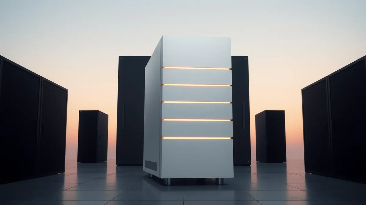 Illustration: A sleek white server tower sits in a dark room, its front panel glowing with three distinct horizontal bands of soft amber light.