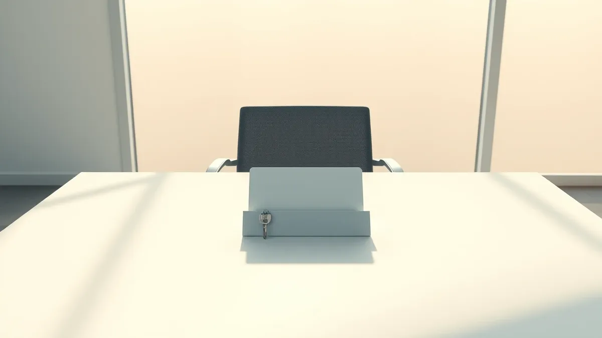 Illustration: A sleek office desk holds a blank tablet and a single keycard resting on a minimalist nameplate.
