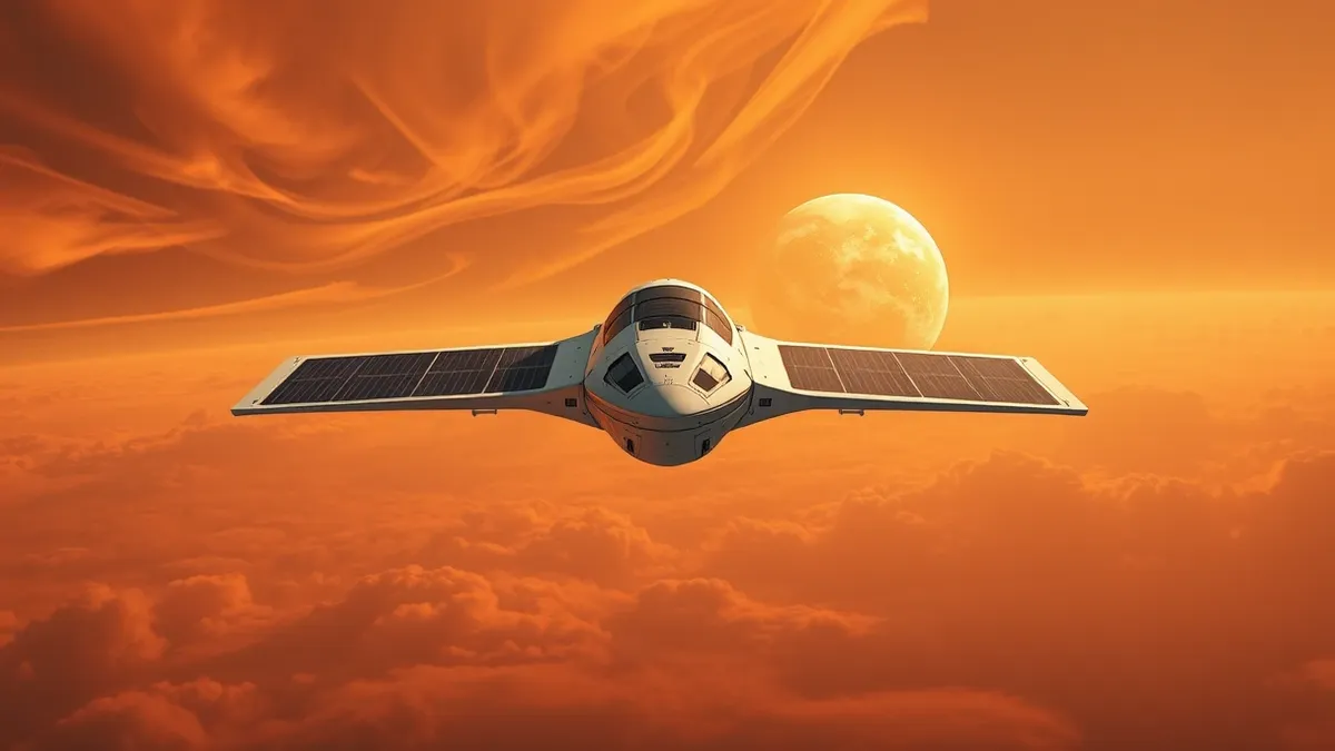Illustration: A sleek white spacecraft with wide solar panels hovers in deep space against a backdrop of swirling orange and yellow clouds.