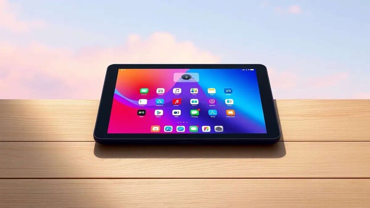 Illustration: A sleek black tablet rests on a wooden surface, its screen displaying a colorful grid of abstract app icons.