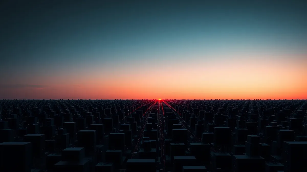 Illustration: A dark, cluttered computer terminal screen displays rows of abstract, jagged geometric shapes representing hidden code.