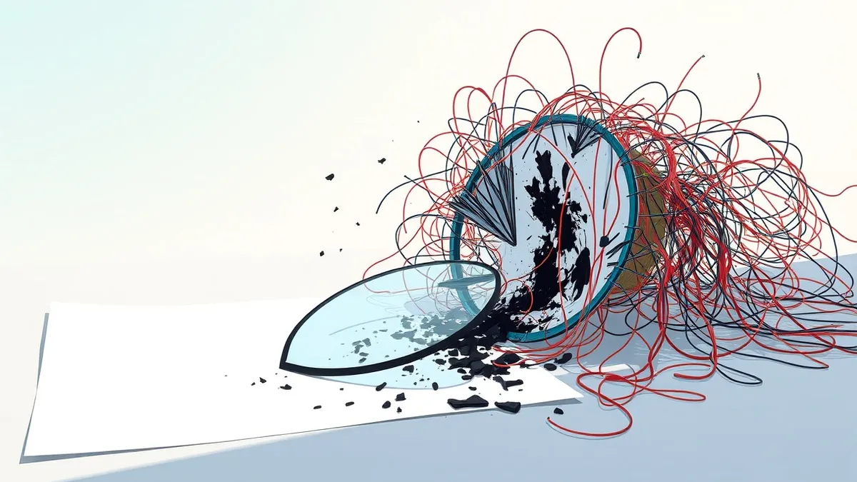 Illustration: A shattered glass shield lies on the floor beside a tangled mess of colorful string art, with loose strands leaking out and forming sharp, jagged spikes that pierce t