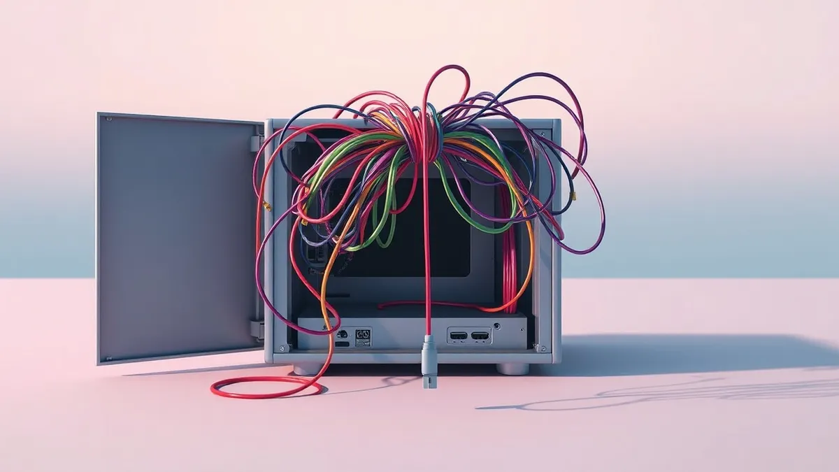 Illustration: A tangled knot of thin, colored wires spills from a small, open metal computer chassis.