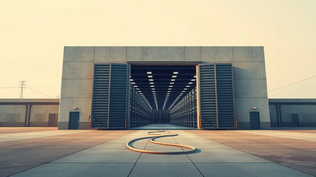 Illustration: A massive concrete warehouse stands under a hazy sky.