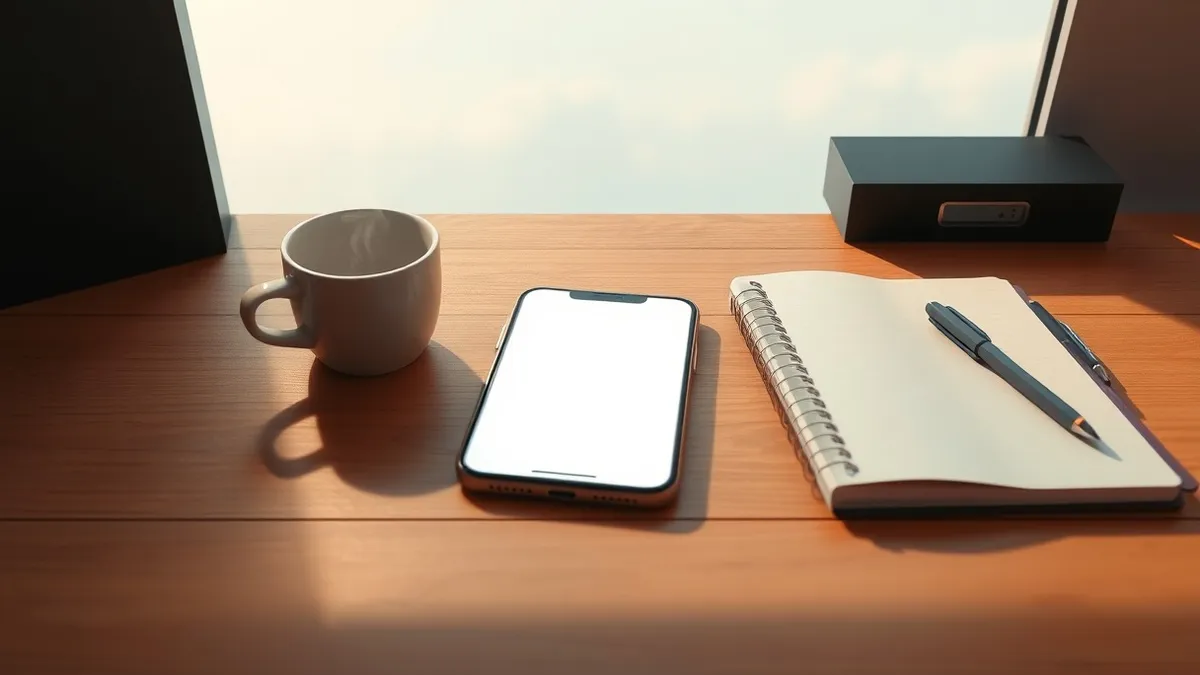 Illustration: A blank smartphone rests on a wooden desk beside a steaming coffee cup and a closed notebook.