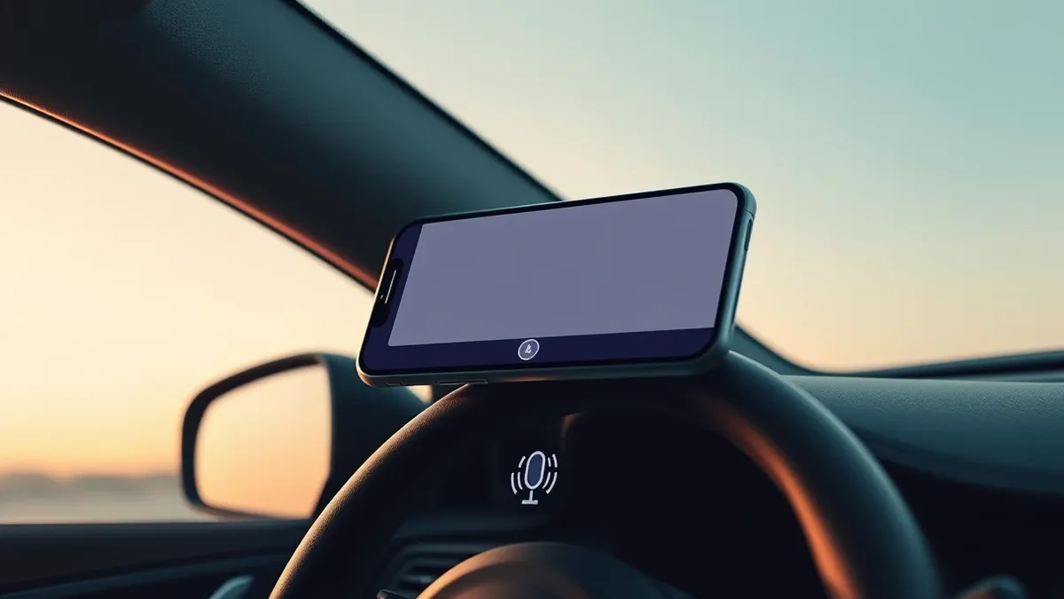 Illustration: A smartphone rests on a car dashboard, its screen displaying a blank map interface.