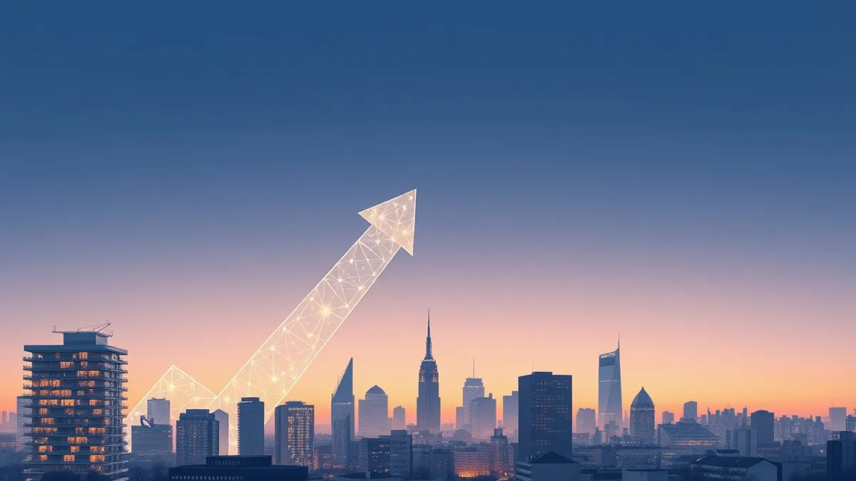 Illustration: A modern European cityscape sits beneath a massive, translucent upward-trending arrow composed of abstract geometric shapes representing artificial intelligence data 