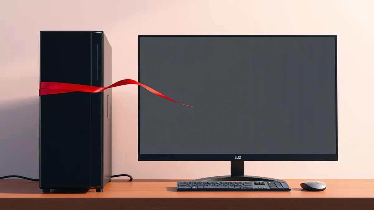 Illustration: A sleek black desktop tower sits on a wooden desk with its power light glowing blue.