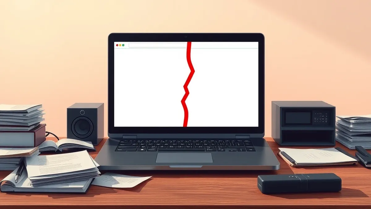 Illustration: A sleek black laptop sits on a cluttered wooden desk.