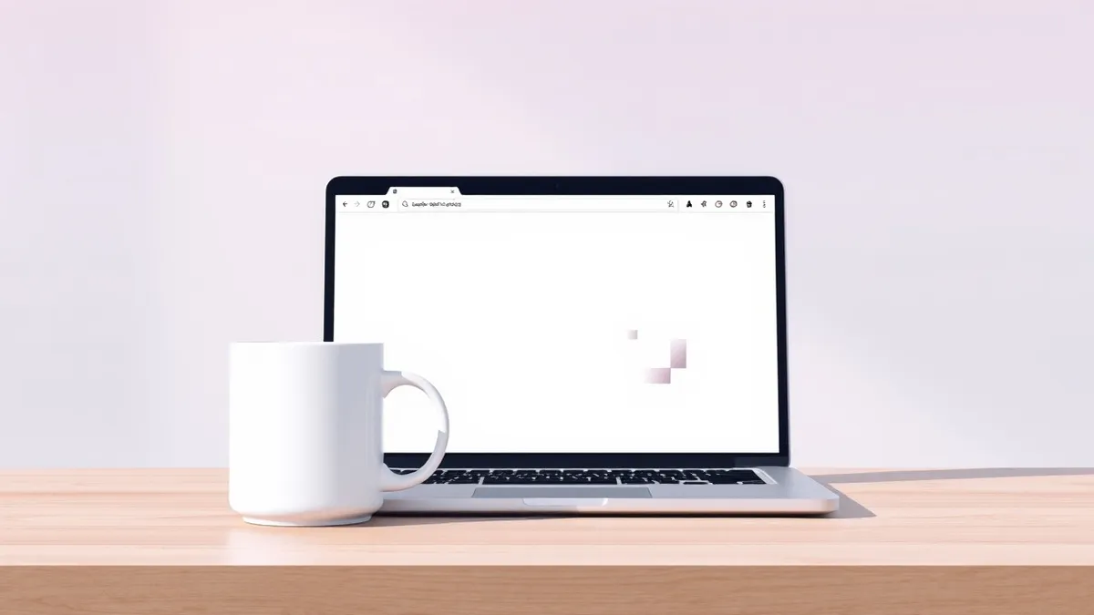 Illustration: A white ceramic mug sits on a wooden desk beside a laptop displaying a blank browser window with a subtle glitch effect.