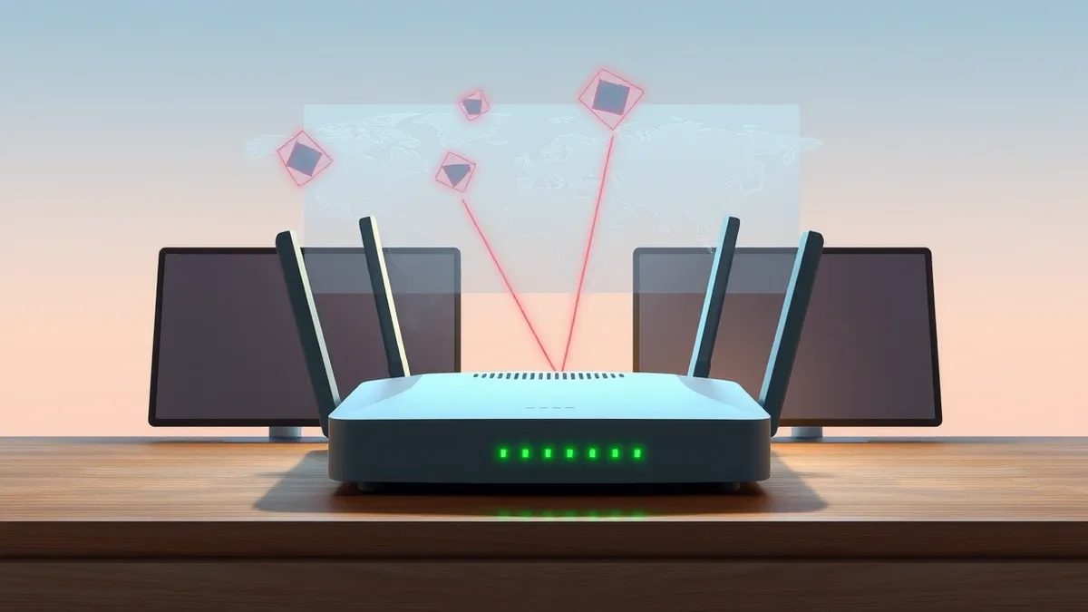 Illustration: A translucent digital map overlays a plain router sitting on a wooden desk.