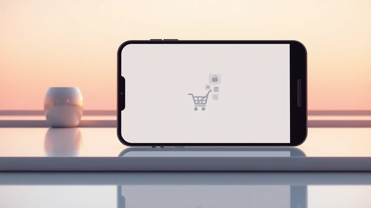 Illustration: A sleek smartphone rests on a polished counter, its screen displaying a clean, abstract shopping interface with floating product icons and a subtle progress bar leadi
