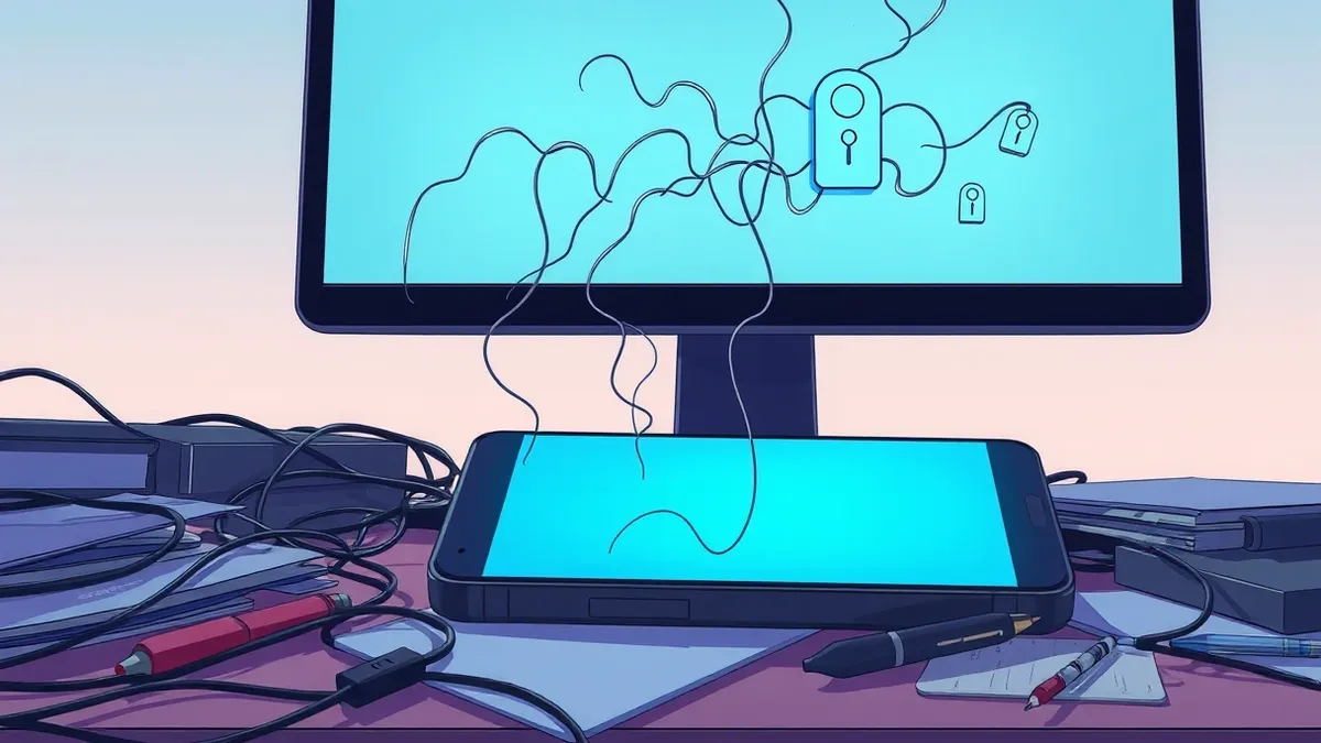 Illustration: A sleek black smartphone rests on a cluttered desk, its blank screen reflecting a faint blue glow from a nearby monitor.