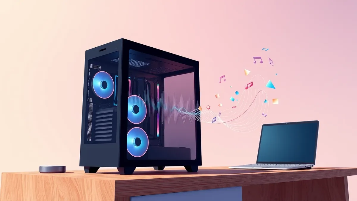 Illustration: A sleek black computer tower sits on a wooden desk, its side panel transparent to reveal glowing internal components.