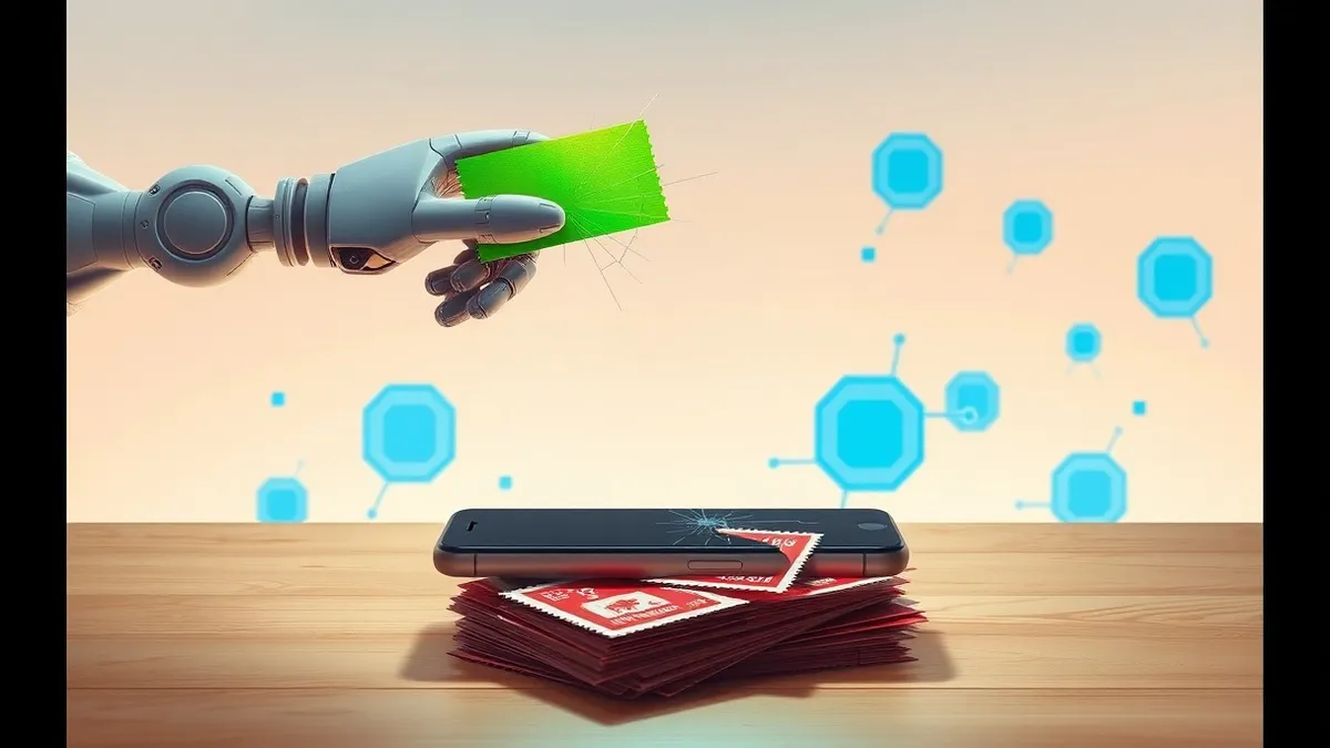 Illustration: A glowing robotic arm holds a bright green bandage above a cracked smartphone screen.