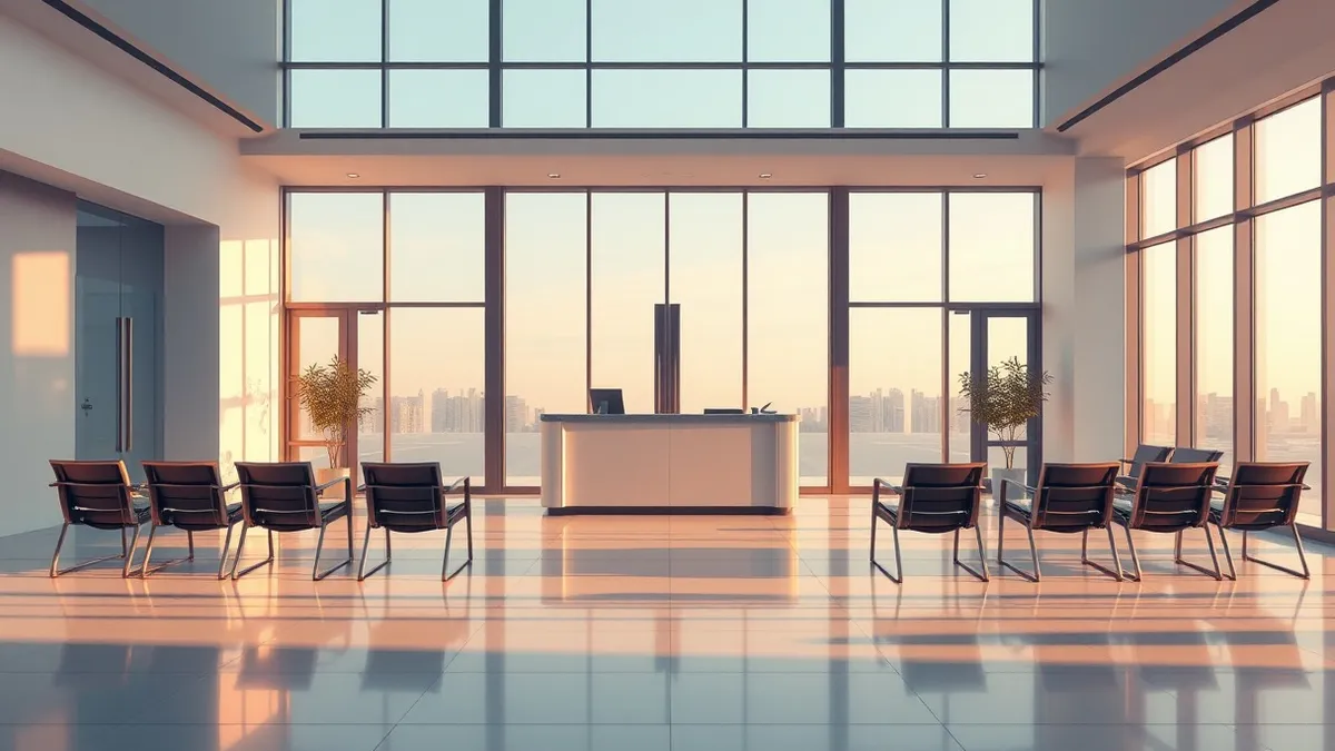 Illustration: A modern office lobby features a sleek reception desk and closed glass doors.