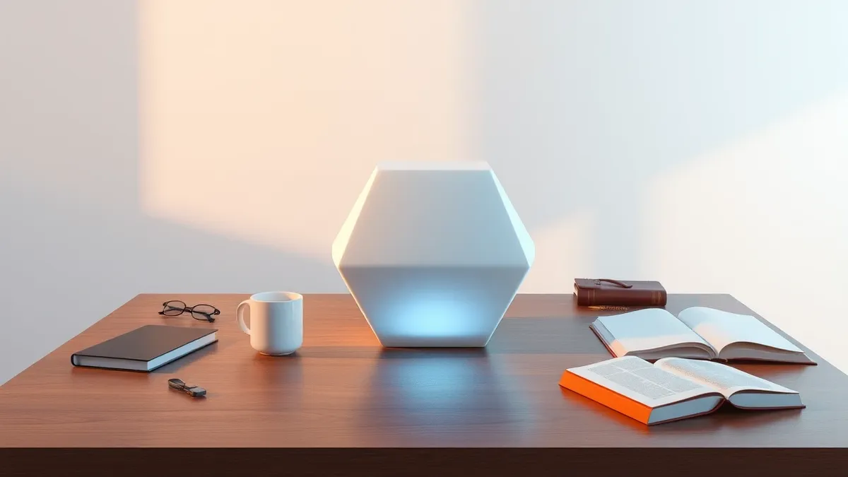 Illustration: A smooth white geometric shape rests on a polished wooden table, surrounded by scattered physical objects like a ceramic mug and a leather-bound book.