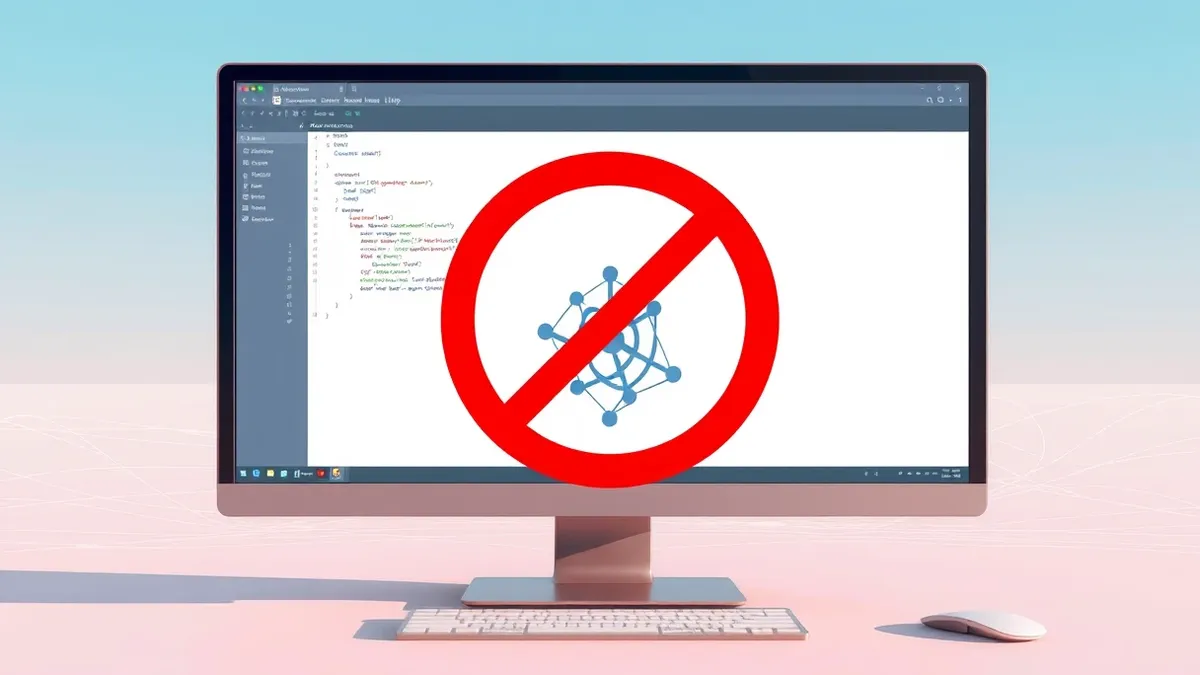 Illustration: A computer monitor displays a blank code editor with a large red prohibition symbol hovering over a stylized neural network icon.
