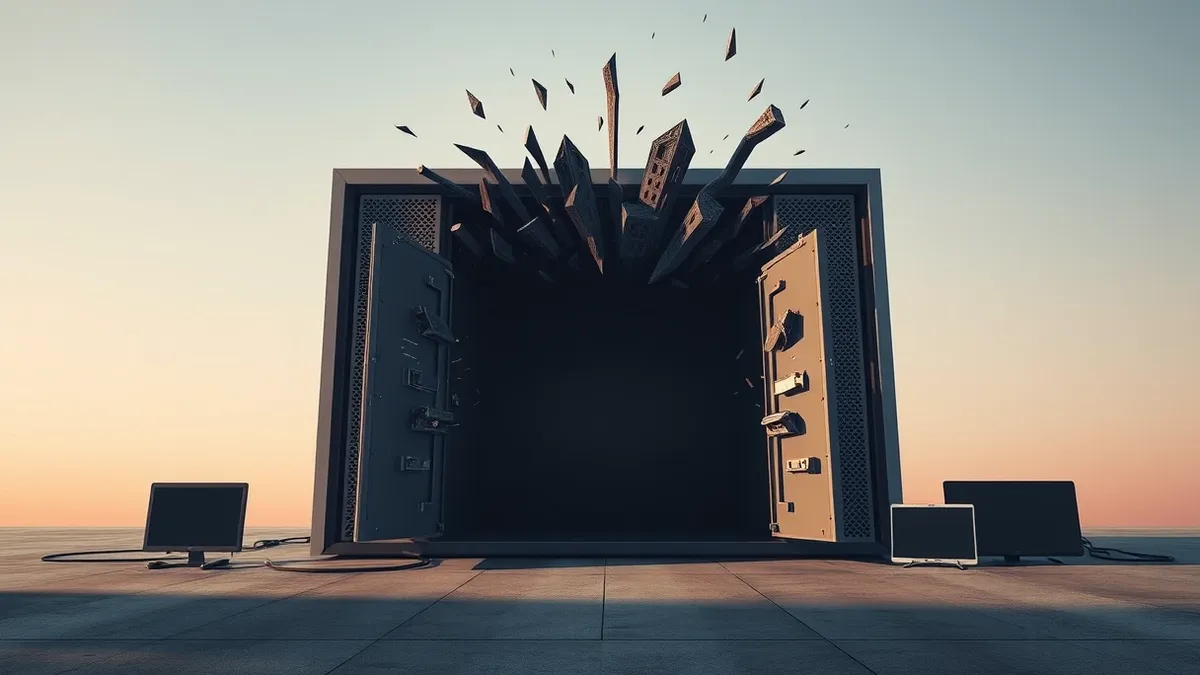 Illustration: An open server gateway sits exposed, with jagged digital shards bursting from its ports.
