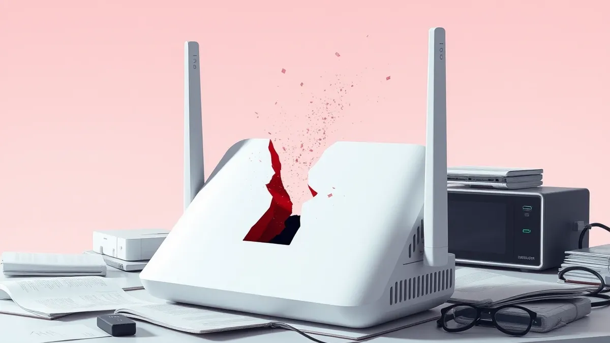 Illustration: A white consumer wireless router sits on a cluttered desk with its antenna tilted slightly backward.