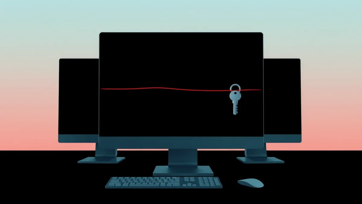 Illustration: A generic desktop computer monitor displays a blank screen with a single, thin red line slicing through the center to symbolize a broken security barrier.