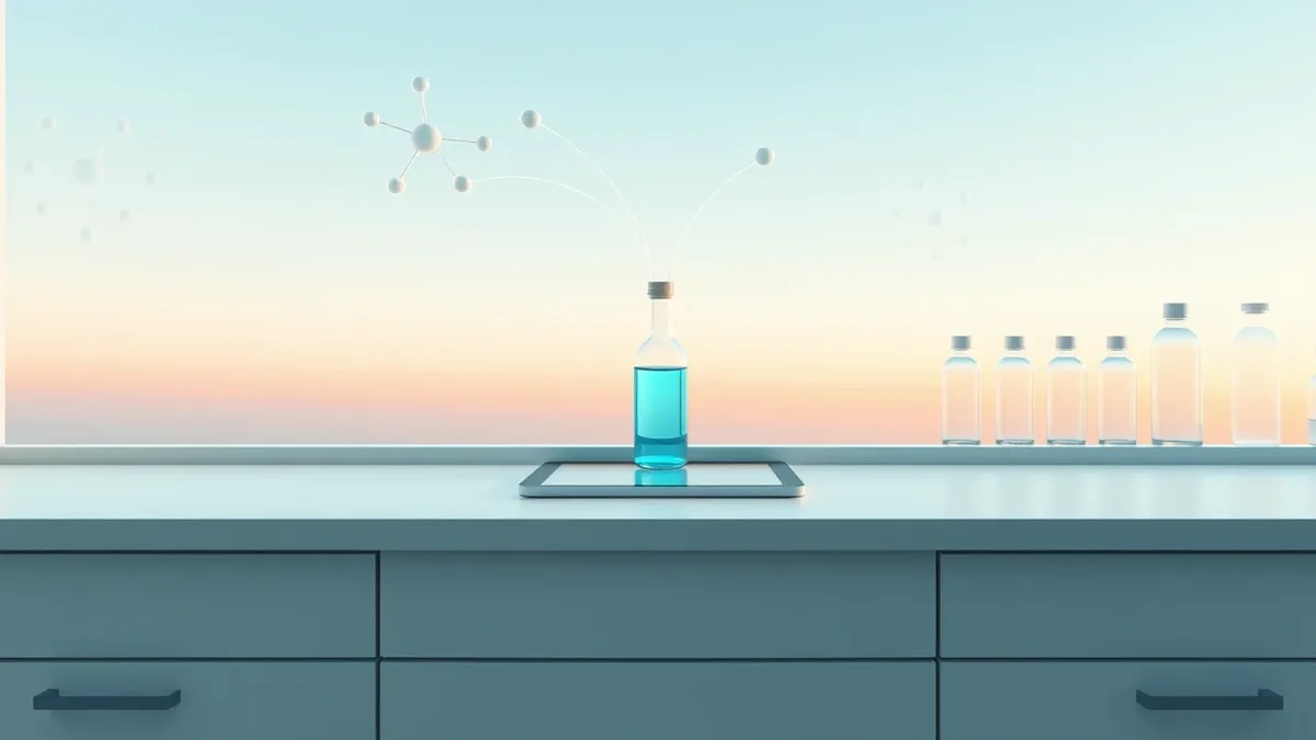 Illustration: A sleek white laboratory workbench holds a single glass vial containing a glowing blue liquid.