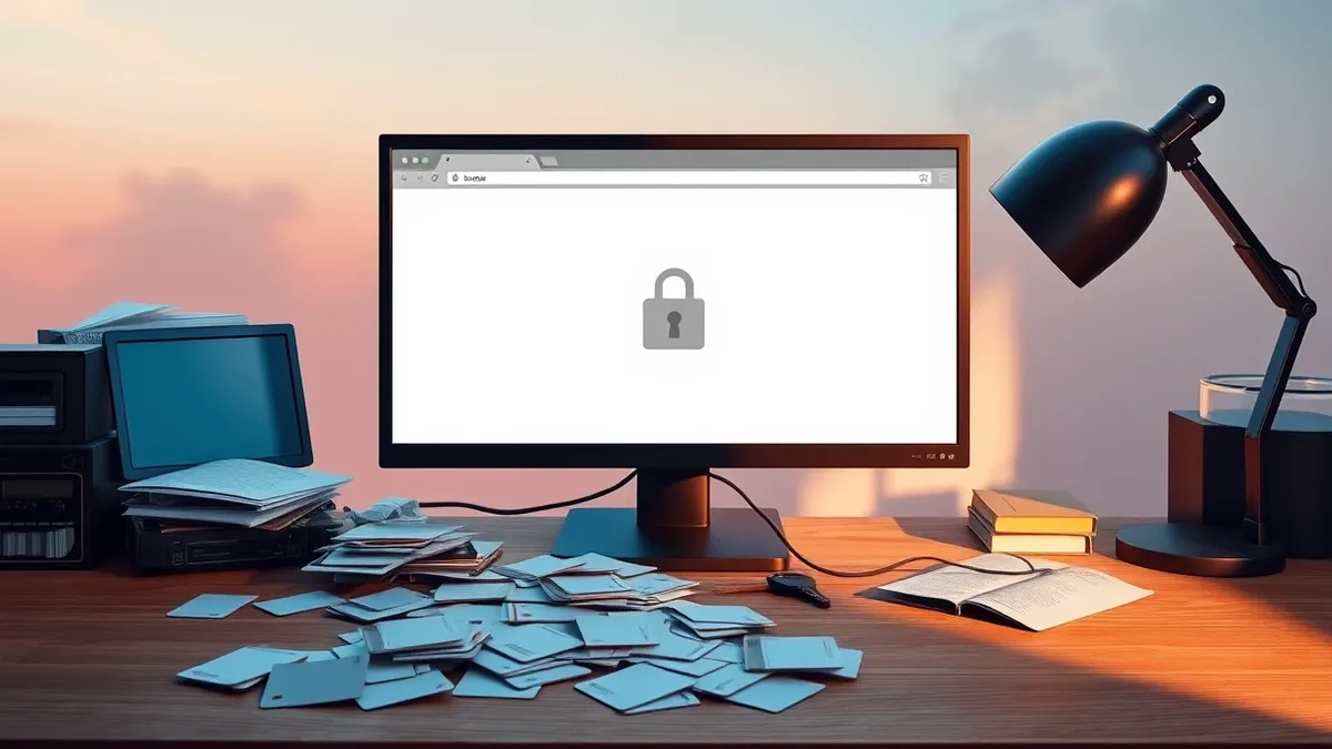 Illustration: A blank web browser window on a desktop monitor displays a generic padlock icon with a red warning triangle next to it, sitting on a cluttered wooden desk beside a sc