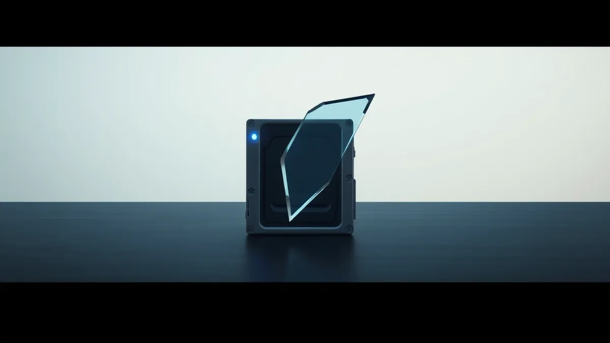 Illustration: A sleek, silver server blade sits isolated on a dark wooden desk, its single blue status light blinking erratically.