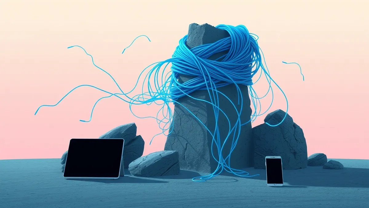 Illustration: A tangled knot of glowing blue threads wraps tightly around a crumbling stone pillar, with several strands snapping and drifting away into the void.
