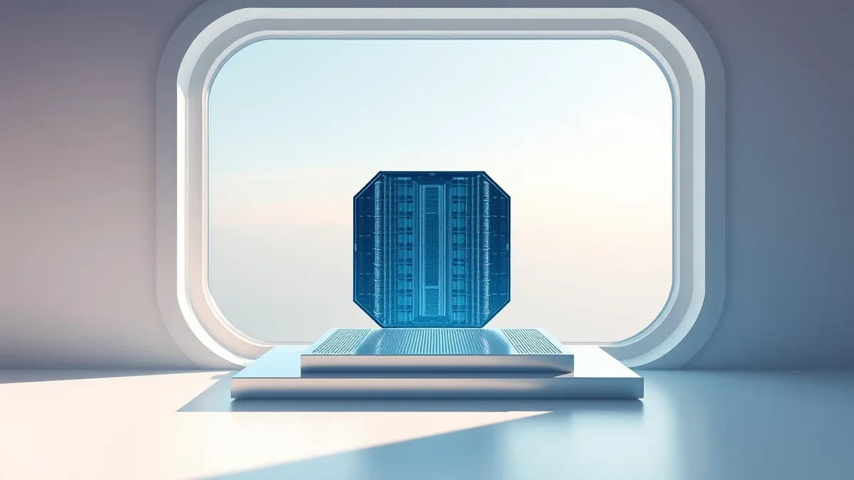 Illustration: A sterile cleanroom window reveals a single, intricate silicon wafer resting on a metallic carrier.