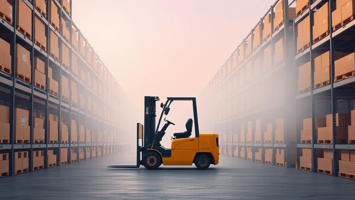 Illustration: A warehouse aisle stretches into the distance, filled with stacked cardboard boxes on metal shelving.