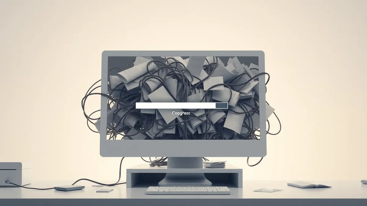 Illustration: A white computer screen displays a blank file upload progress bar that has stalled.