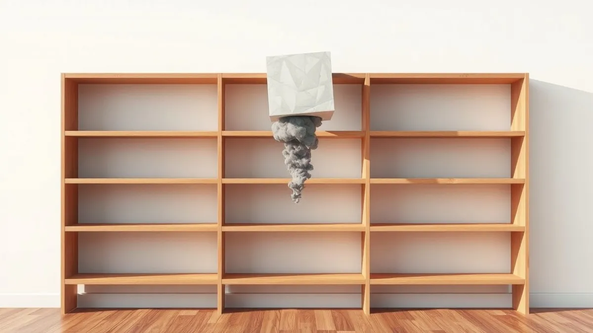 Illustration: A wooden bookshelf stands against a plain wall, its shelves holding empty space where books should be.