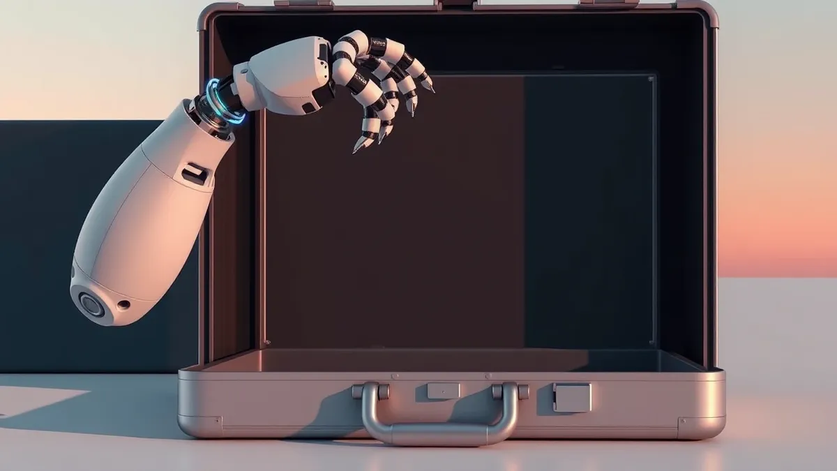 Illustration: A sleek white autonomous robot arm extends from a dark enclosure, its metallic fingers prying open the sealed lid of a secure silver briefcase.