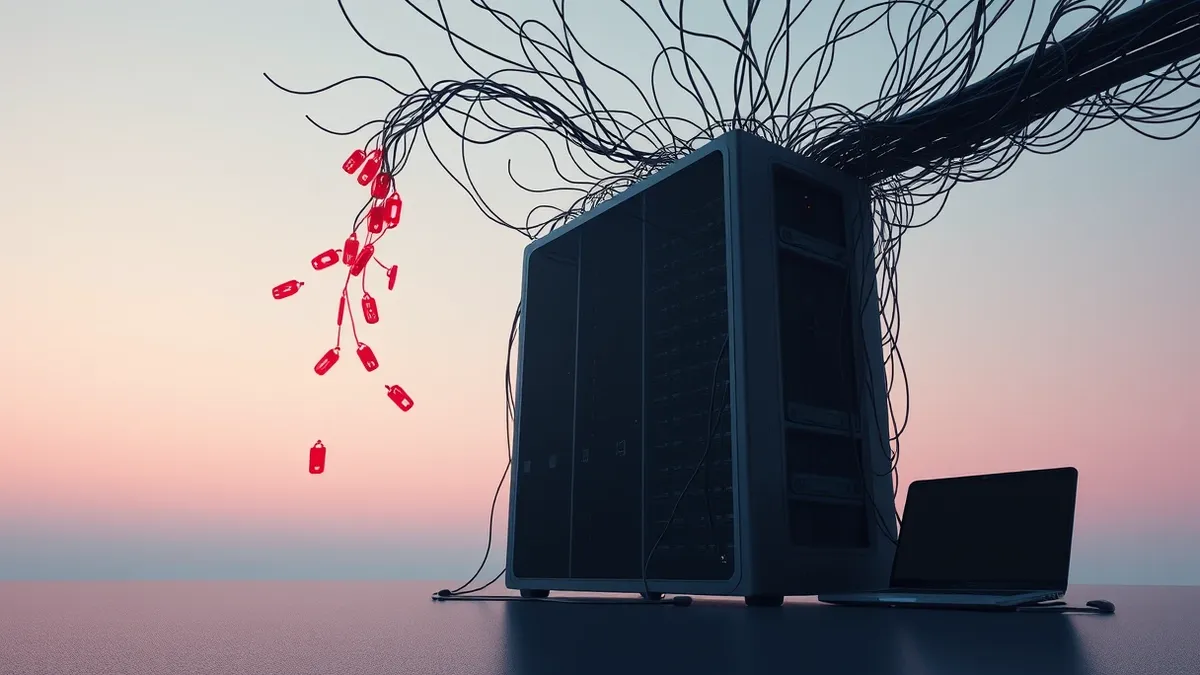 Illustration: A dark, tangled mesh of digital threads connects to a sleek server node, with glowing red fragments detached and floating away into the void, illustrating stolen acce