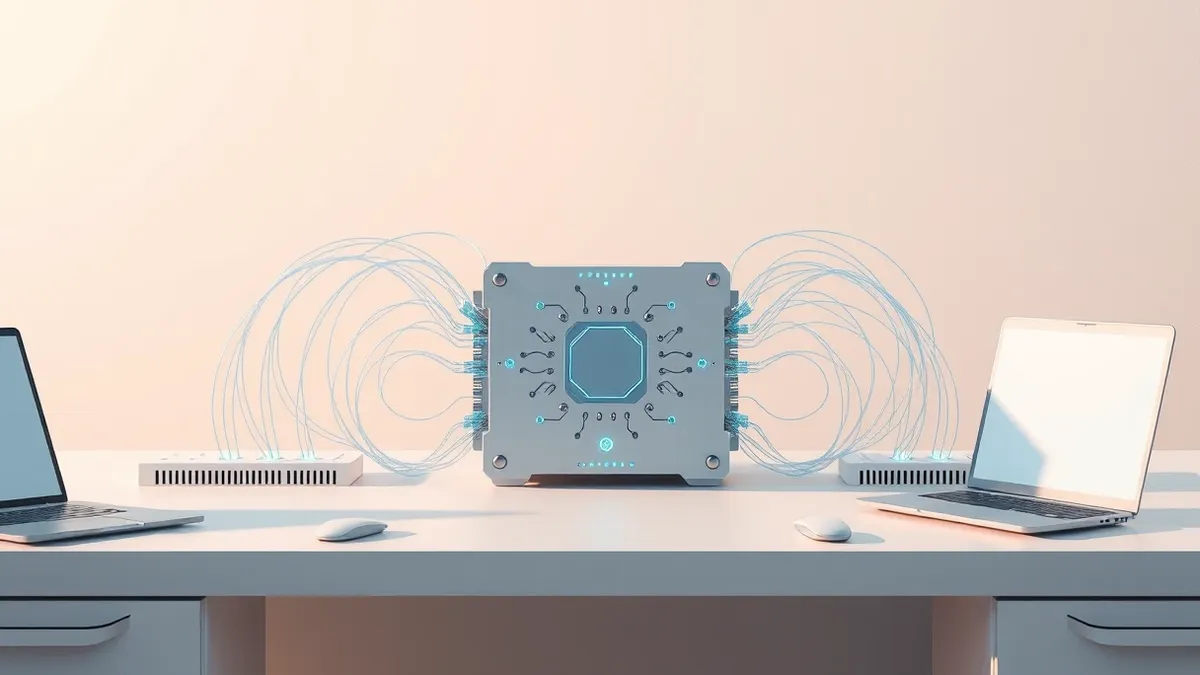 Illustration: A sleek silver neural network core sits on a clean white desk.