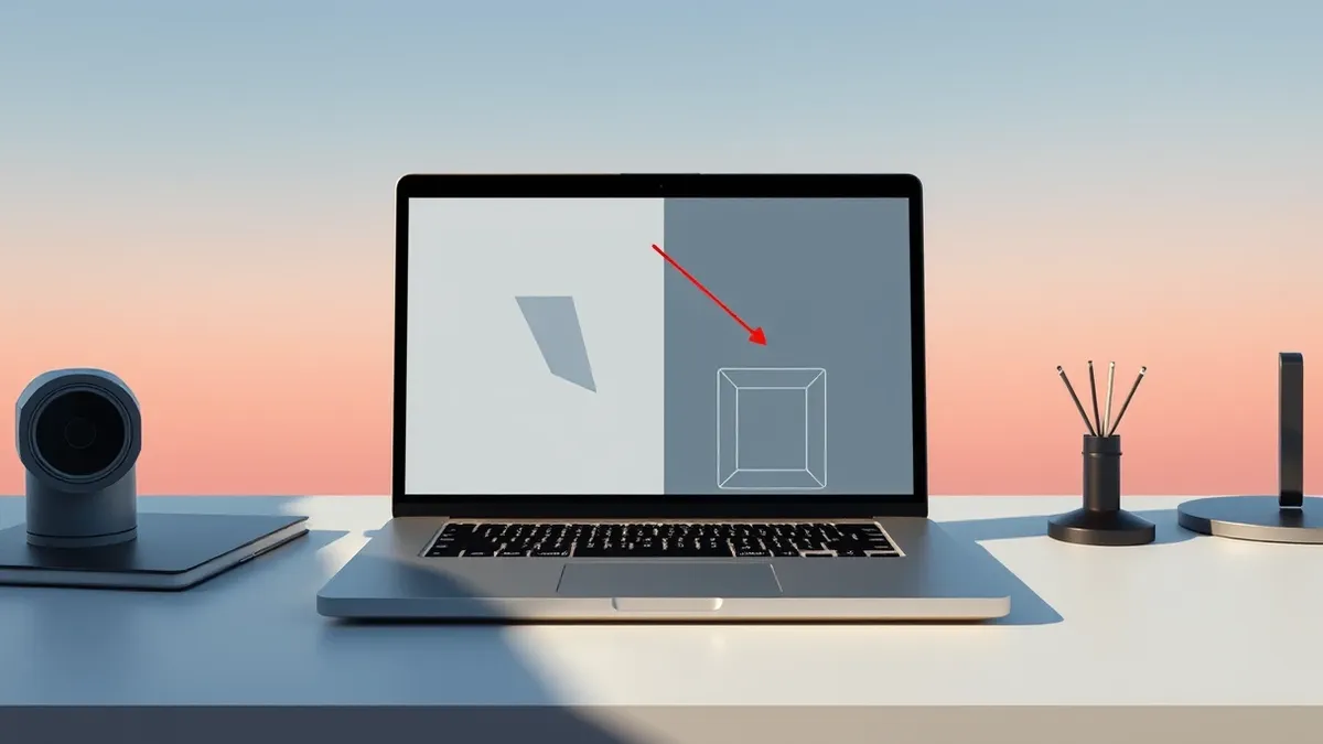 Illustration: A sleek, modern laptop sits on a clean desk, displaying a blank code editor window with abstract geometric shapes.