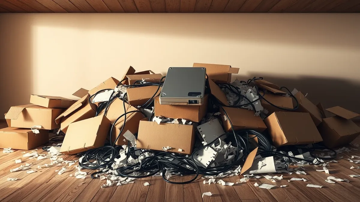 Illustration: A chaotic pile of open cardboard boxes spills across a wooden floor, overflowing with shredded paper fragments and tangled black cables.