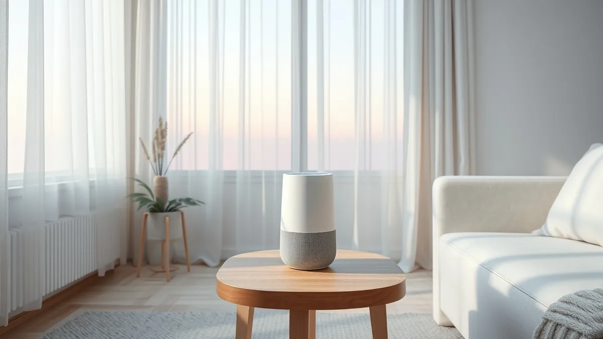 Illustration: A sleek white smart speaker sits on a minimalist wooden side table in a bright, modern living room.