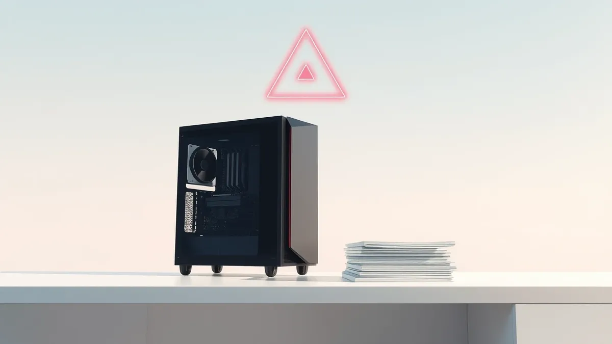 Illustration: A sleek black workstation tower sits on a clean white desk, its side panel transparent to reveal intricate circuit boards and cooling fans.