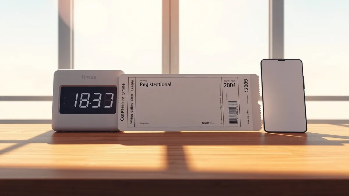 Illustration: A blank ticket stub rests on a wooden table next to a digital timer showing a short countdown.