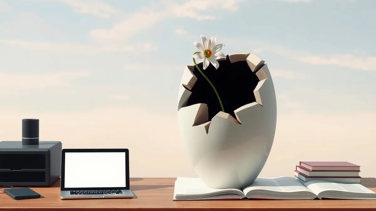 Illustration: A cracked ceramic vase sits on a wooden desk, its jagged edges revealing a dark void inside.