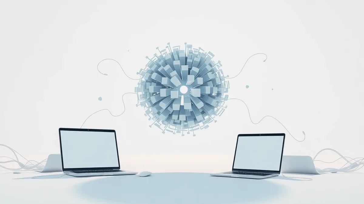 Illustration: A sleek, abstract neural network core floats in a clean white void, surrounded by swirling streams of raw, unstructured data fragments that seamlessly organize into p