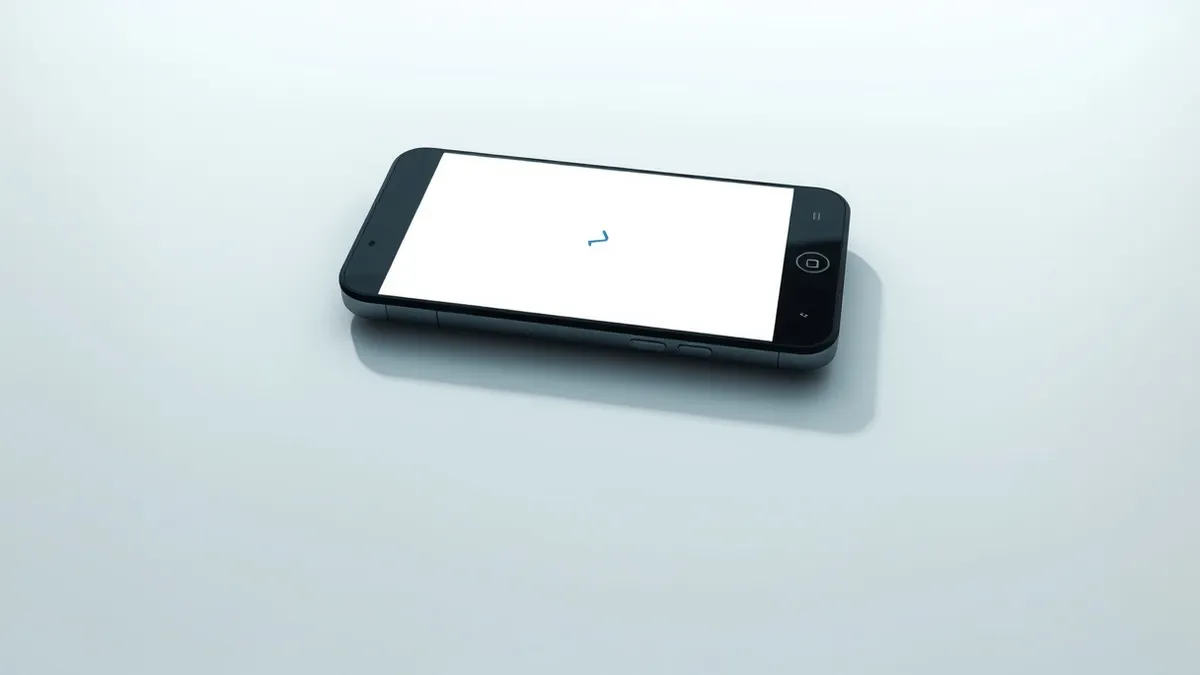 Illustration: A sleek black smartphone rests on a white table with its screen displaying a blank white interface and a faint abstract blue shape, representing the silent background